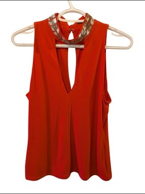 Guess Sleeveless Red V-Neck Tank with Embellished Collar